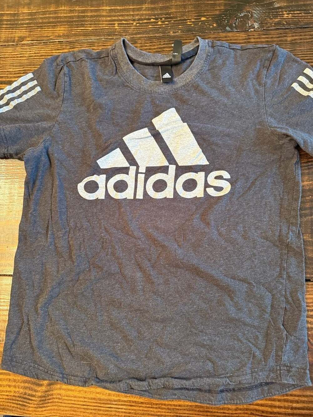 Adidas Gray Short Sleeve T-Shirt with Large Logo and Striped Sleeves